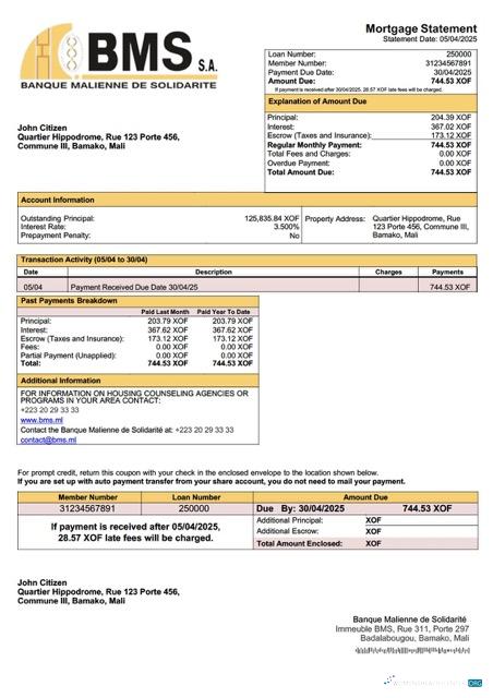 Download Mali Banque Malienne de Solidarité (BMS) mortgage statement Word and PDF template Photoshop template